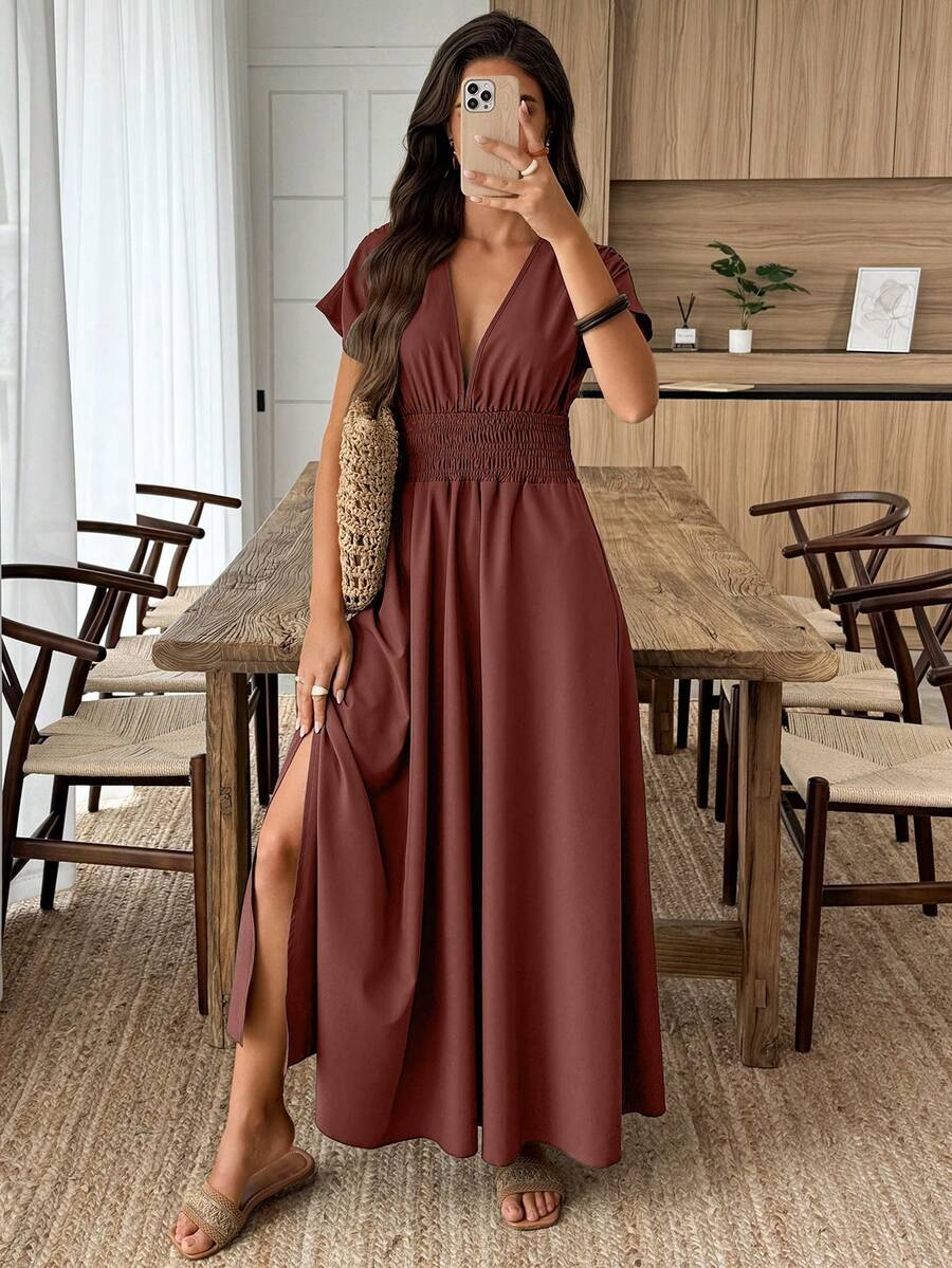 Elouméa Women's Vacation Solid Color Deep Shirred Waist Tie Mid-Length Dress - Brown - View 1