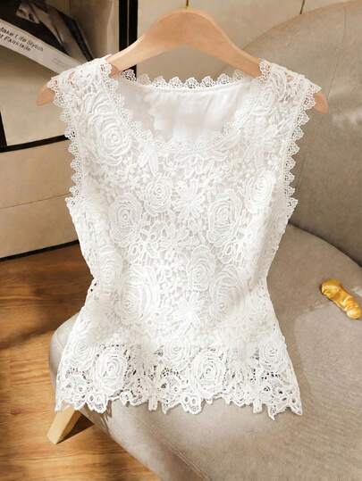 GlowEve Women's Solid Color Lace Floral Blouse