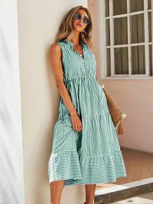 Breezaya Đầm maxi dáng chữ A cổ chữ V in họa tiết kẻ sọc, thích hợp cho kỳ nghỉ biển, trang phục nữ. - màu xanh lá - Xem 3