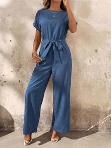 SHEIN Clasi Bộ jumpsuit nữ kiểu dáng giản dị, tối giản, màu trơn, chất liệu móc len, tay cánh dơi, có thắt lưng, thích hợp cho kỳ nghỉ xuân/hè. - Màu xanh lam - Xem 7