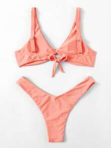 Swim Basics 女士夏季沙滩纯色扭结性感比基尼泳装套装 - 珊瑚粉 - 查看 2