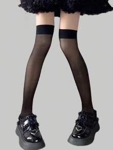 Grunge Punk 1雙女士四季黑邊拼接膝上襪褲 - 黑色 - 查看 4