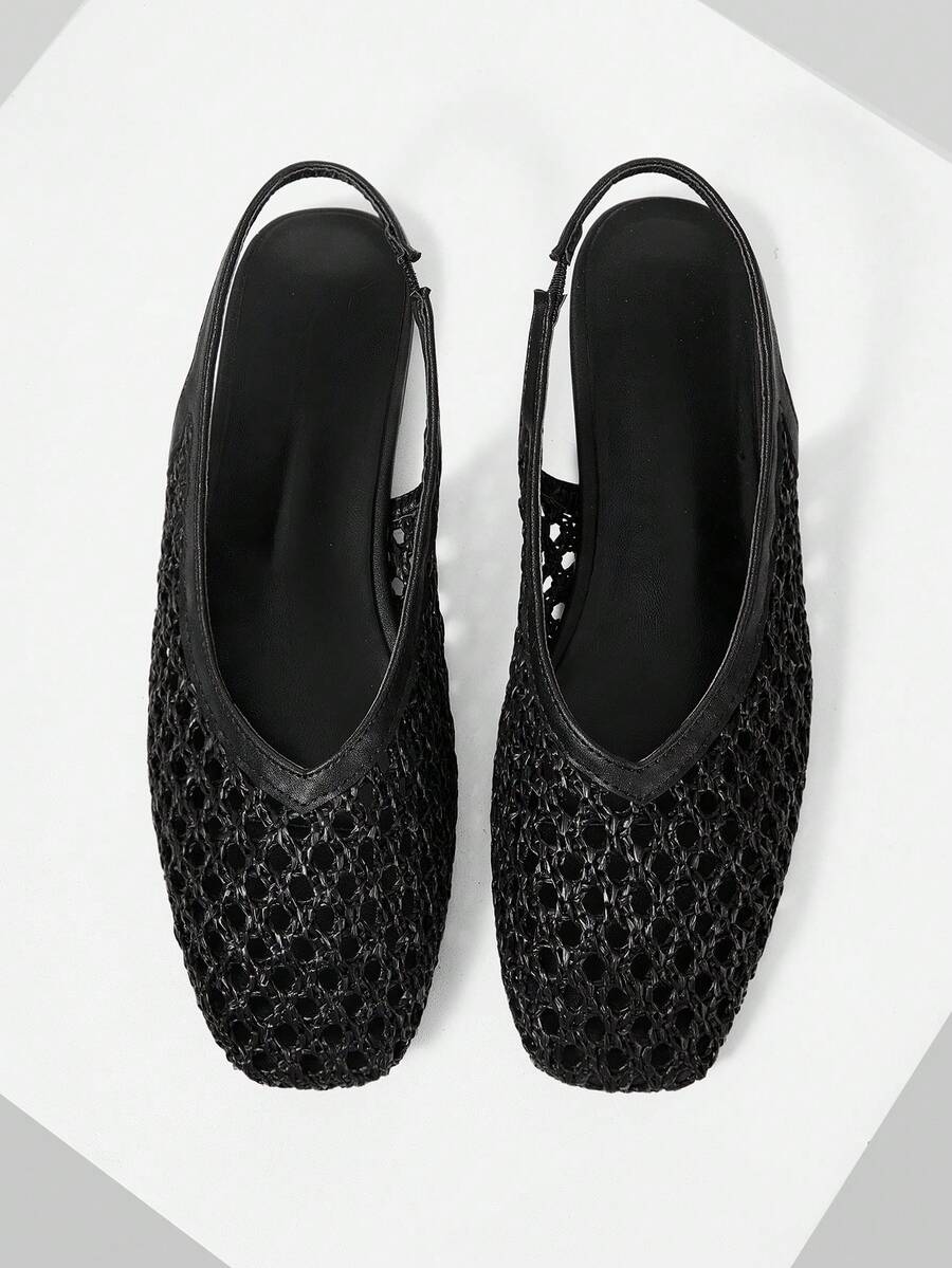 Mnmlis Women's New Fashion Woven Hollow Slip-On Flat Square Toe Loafers - Black 5 - View 1