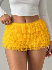 SHEIN SXY 蕾丝层叠荷叶边低腰短裙 - 黃色 - 查看 5