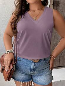Calvaya Plus Size Solid Color V-Neck Sleeveless Tank Top, Versatile For Summer - Purple - View 4