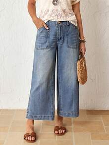 EMERY ROSE Jeans sueltos con bolsillos y cremallera, versátiles para mujer - Azul - Ver 1