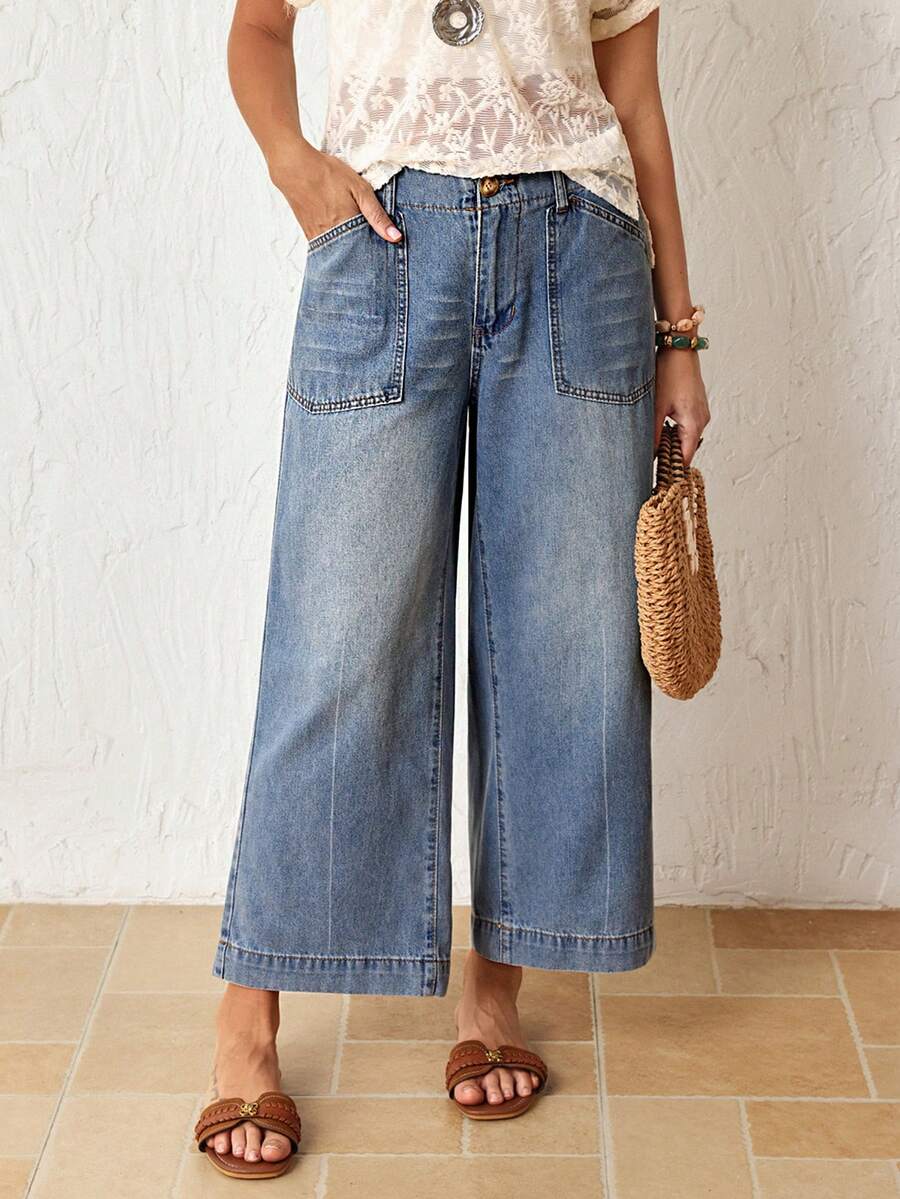EMERY ROSE Jeans sueltos con bolsillos y cremallera, versátiles para mujer - Azul - Ver 1