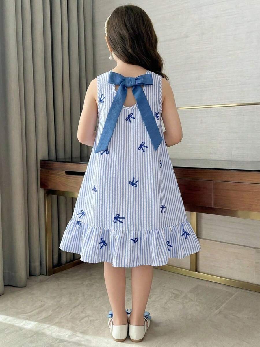 SHEIN 女童蓝色条纹蝴蝶印花露背蝴蝶结美人鱼尾A字连衣裙，休闲时尚，百搭，适合派对、郊游、姐妹合照、公园、露营、度假、日常休闲等场合。 - 藍色 - 查看 1