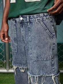 EVRINFINITE Quần jeans nam phong cách Grunge Goth Y2K, kiểu dáng thường ngày, có tua rua, dành cho giới trẻ, sinh viên, thể thao, dáng suông, đa năng. - Màu xanh lam - Xem 7
