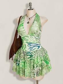 SHEIN ICON 大码豹纹露背褶皱腰身多层网纱连衣裙 - 薄荷綠 - 查看 4