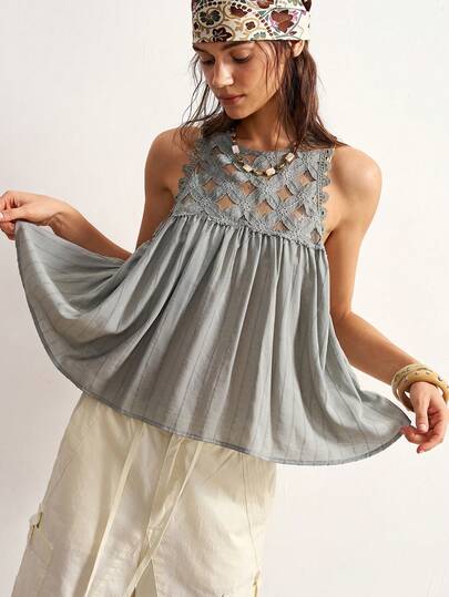 Bohemela Women's Solid Color Lace Ruffle Casual Versatile Daily Wear Top