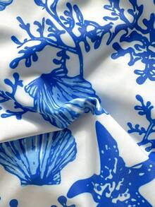 SHEIN Conjunto de bikini de tirantes con estampado de criaturas marinas azul y blanco para adolescentes, ideal para vacaciones de verano en la playa - Azul y blanco - Ver 9