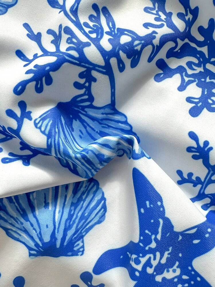 Teen Girls' Summer Beach Vacation Blue & White Ocean Creature Print Halter Bikini Set - Blue and White - View 9