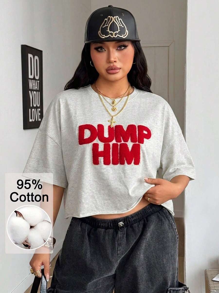 Coolane Áo thun nữ cỡ lớn thêu chữ, vai rớt, dáng rộng, tay ngắn, cổ tròn - Màu Xám nhạt - Xem 1