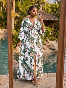 SHEIN Lady CURVE 大码女式热带植物印花开衩裙 - 彩色 - 查看 3