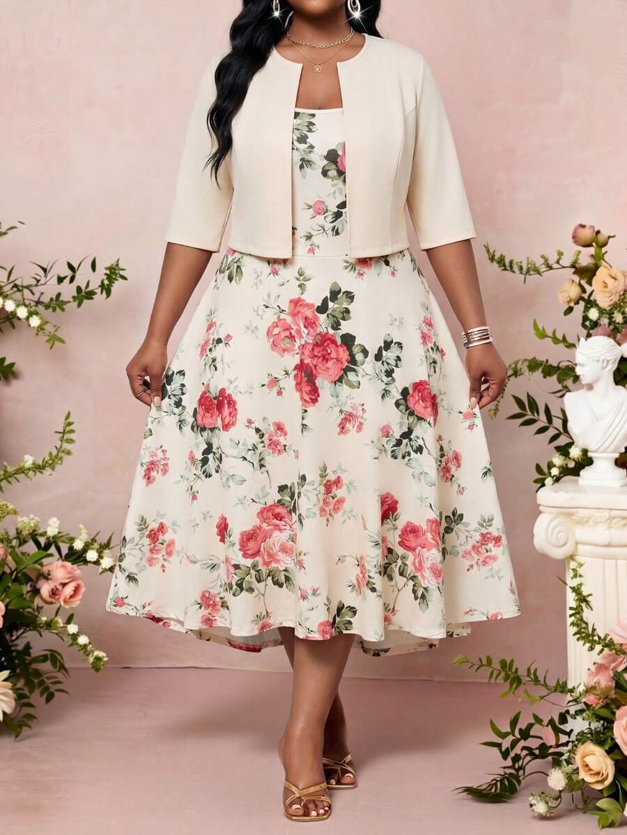 SHEIN Lady Bộ đồ 2 mảnh thanh lịch dành cho nữ cỡ lớn: Áo khoác không cài cúc phía trước và váy in hoa. - Nhiều màu - Xem 1