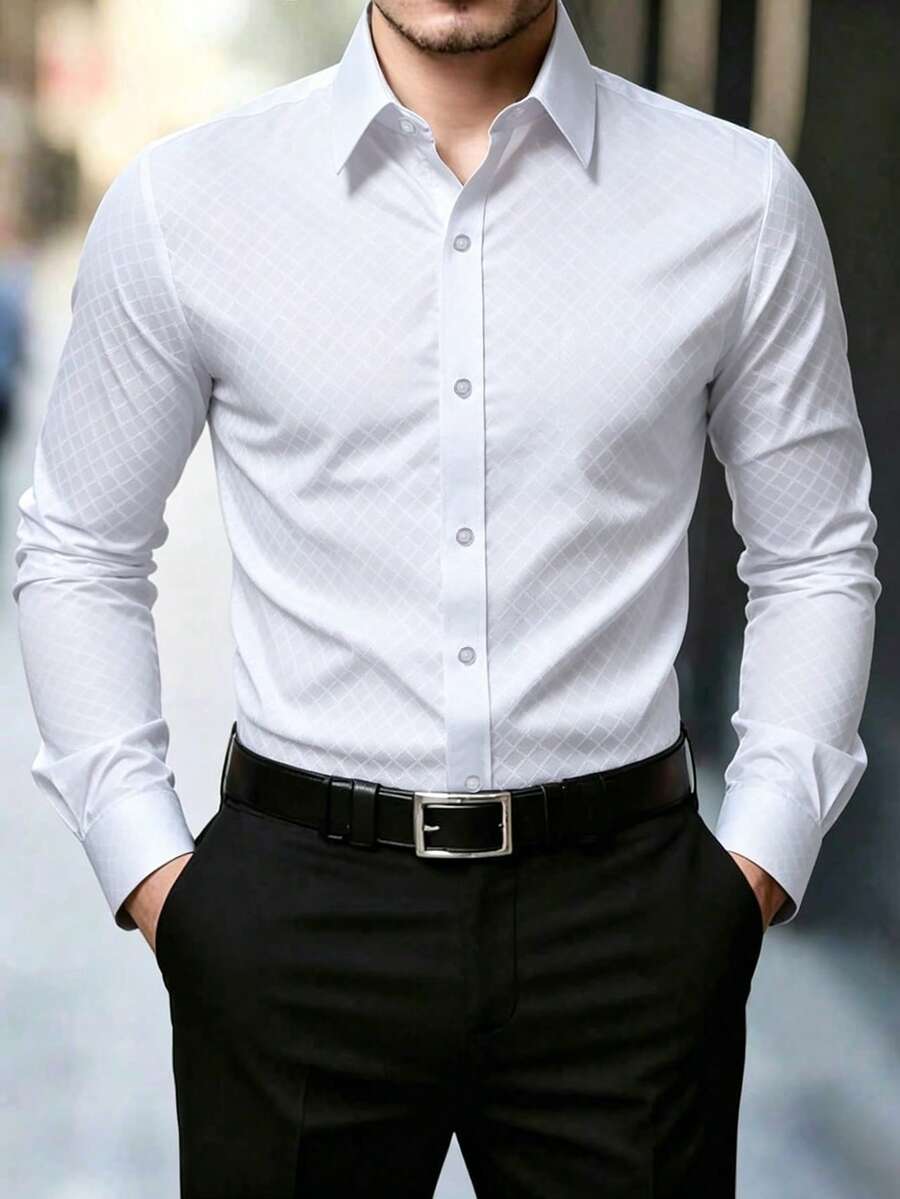 Manfinity Mode 男士格子長袖單排扣休閒/商務正式襯衫,儀式適用 - 白色 - 查看 1