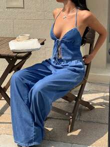 Aloruh Bộ đồ denim nữ kiểu yếm buộc dây gồm áo và quần, thích hợp mặc hàng ngày. - Rửa trung bình - Xem 4