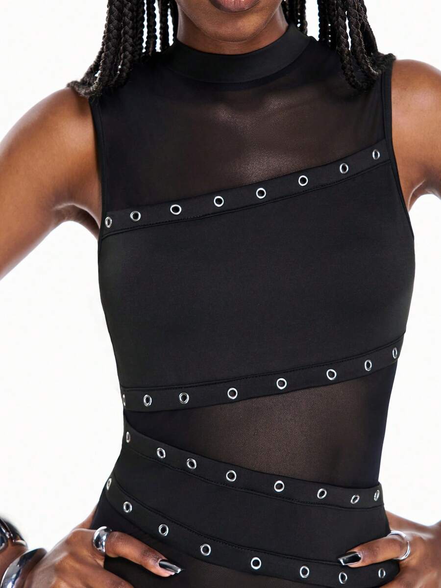 Women's Summer Fashionable Y2K Style High Neck Sleeveless Sexy Fitted Mesh Patchwork Sheer See-Through Punk Blouse - Black - View 1