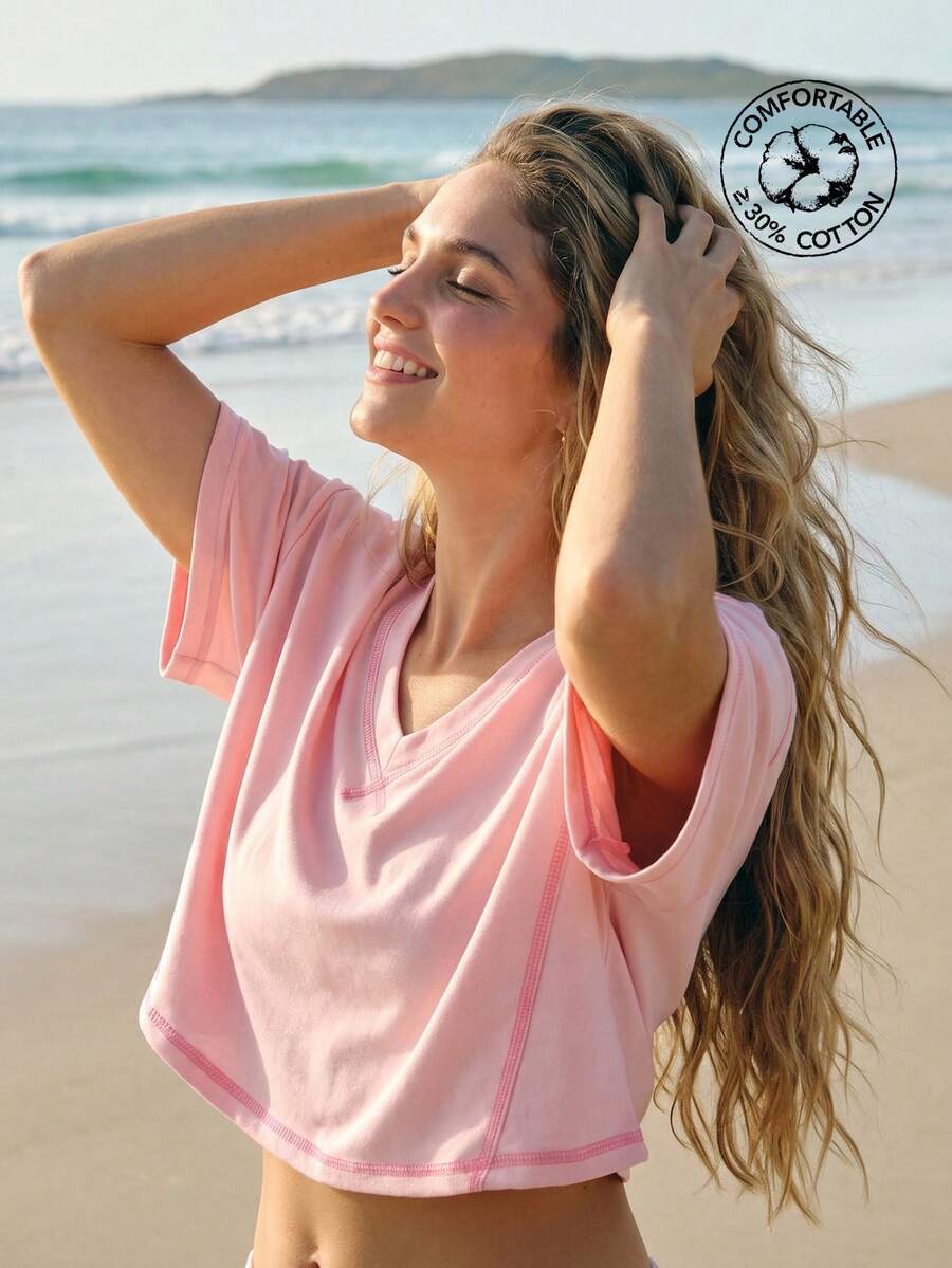 WESTFADE V-Neck Contrast Stitch Half Sleeve Boxy Cropped Sporty Top Cute T-Shirt, Spring, Summer, Festival, Vacation, Beach, Memorial Day, Romantic, Country Concert Outfit, Nashville, Cowgirl, Rodeo, Casual, Boho, Western Wear For Women - Pink - View 1