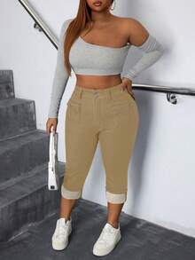 Slaydiva Plus Size Elastic Fashion Flap Pocket Skinny Casual Formal Jeans Khaki Summer - Khaki - View 3