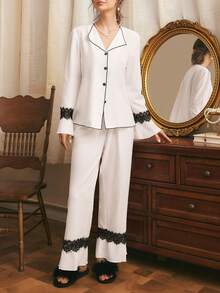 Côtesoire Southern France Elegant Ruffled Cardigan Women Pajama Set - White - View 3