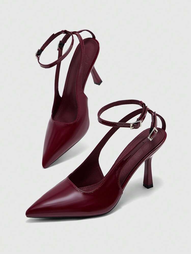CUCCOO BIZCHIC Pointed Stiletto Burgundy Mirror Ankle Strap Back Strap Women's High Heels Shoes Temperament Simple Fashion Versatile Commuter Dating Women's Shoes Women's Shoes