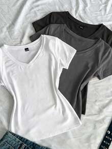 SHEIN EZwear 3件装女士夏季V领紧身T恤，朋克亚文化动漫纯色基础款V领短袖修身T恤 - 彩色 - 查看 4