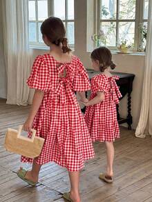 SHEIN LMoss Kids Tween Girls' Woven Solid Color Square Neck Puff Sleeve Fitted Casual Dress - Red - View 1
