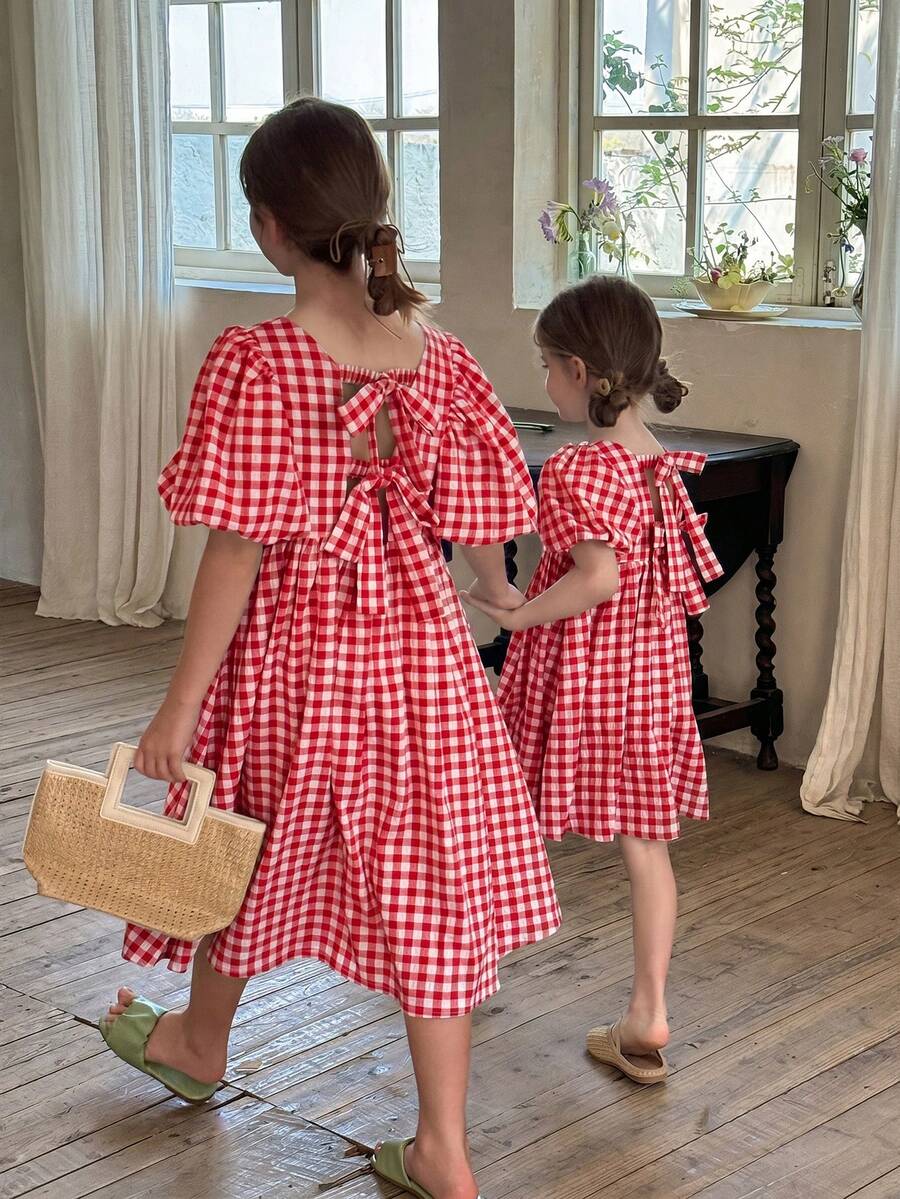 SHEIN LMoss Kids Tween Girls' Woven Solid Color Square Neck Puff Sleeve Fitted Casual Dress - Red - View 1