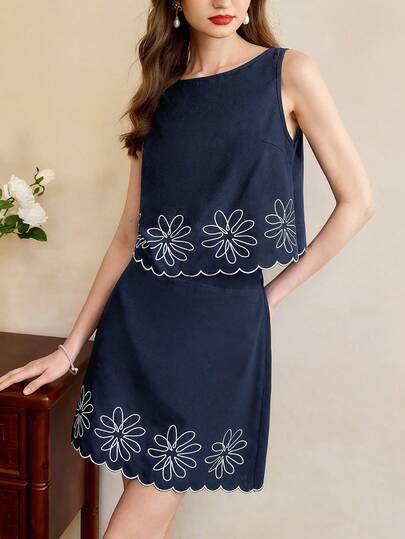 Vintamour Vintage klassisch elegantes 2-teiliges Set, Frühling/Sommer Boot-Ausschnitt Top und kurzer Rock, Blume Muster 2-teiliges Set, Wellen-Saum besticktes 2-teiliges Set, marineblau 2-teiliges Set