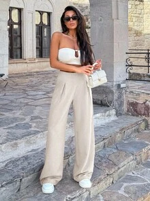 Pantalones anchos de lino para mujeres - Albaricoque - Ver 3
