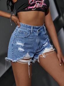 Jeanoix Quần short denim nữ dáng lệch eo, có túi, rách gấu, bạc màu. - Rửa trung bình - Xem 5