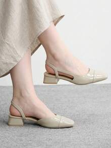CUCCOO BIZCHIC Women's Shoes Spring And Summer Square Toe Short Thick Heel Apricot Splicing High Heel Shoes - Milk tea apricot - View 4