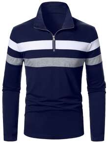 Manfinity Homme 男士休閒通勤對比條紋印花長袖半拉鍊 Polo 衫，春秋款，正式 - 彩色 - 查看 4