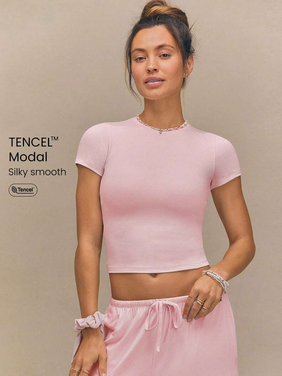 SoftCalm Modal SleekFit Stretchy Breathable Hip Length Short Sleeve Slim Fit Crew Neck Tee Daily Casual Summer Wear - Pink - View 1