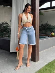 SHEIN Tall 女士休闲日常口袋纽扣牛仔短裤 - 藍色 - 查看 6