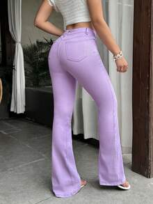 SHEIN Tall 女士高腰口袋休闲百搭喇叭牛仔裤 - 紫色 - 查看 2