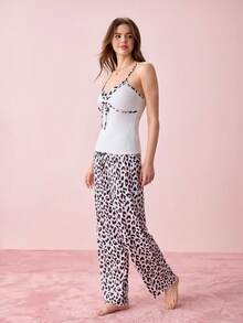 Bonmuse Bộ đồ ngủ nữ 2 món họa tiết da báo gợi cảm gồm áo hai dây và quần. - màu đen - Xem 6