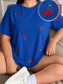 Solflare Cherry Embroidery Navy Casual Plus Size Short Sleeve T-Shirt - Navy Blue - View 1