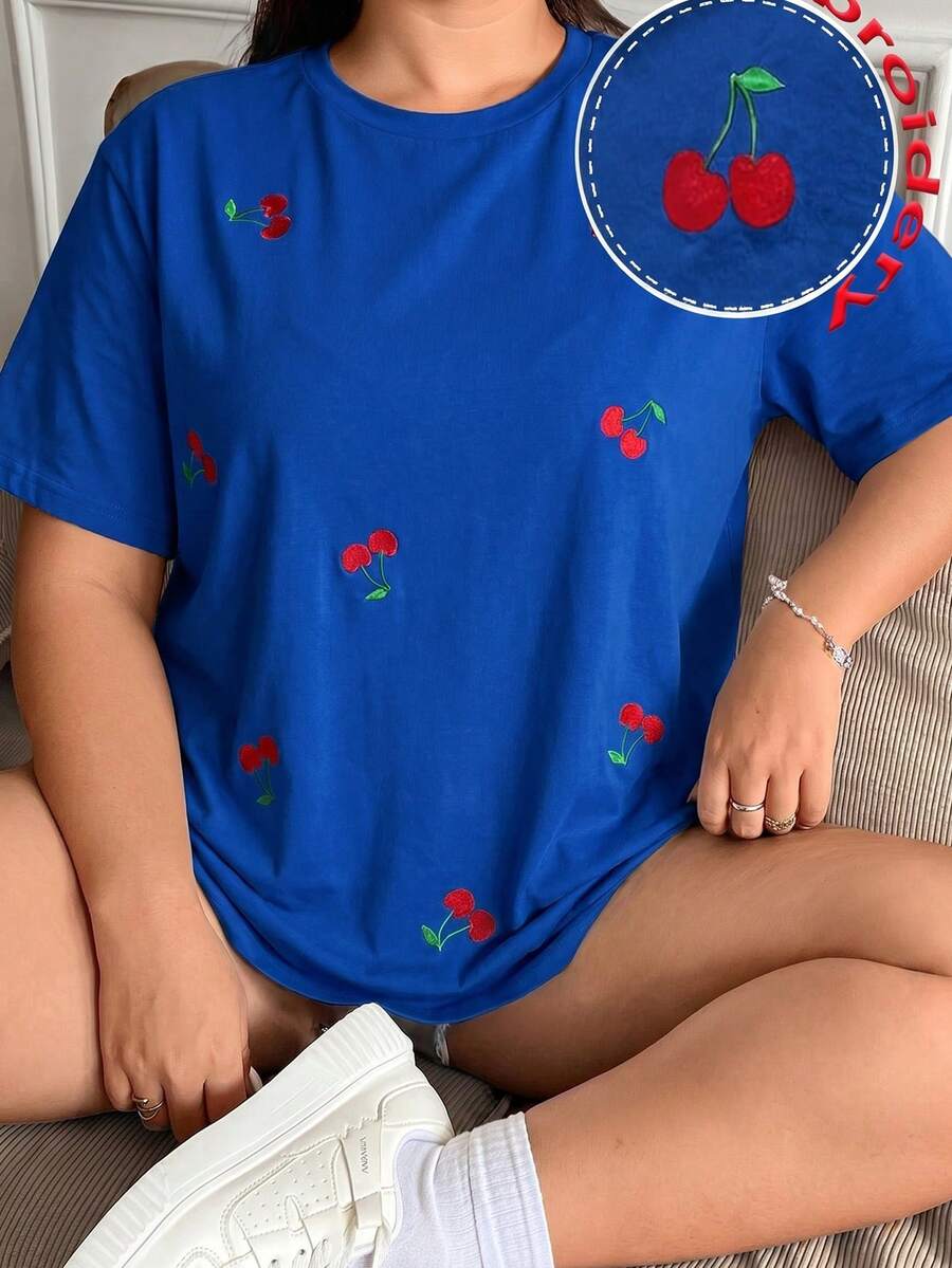 Solflare Cherry Embroidery Navy Casual Plus Size Short Sleeve T-Shirt - Navy Blue - View 1