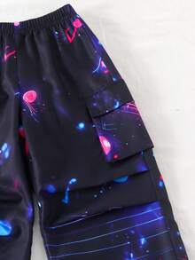 2pcs/Set Young Girls' Fashion Hip Hop Girl Group Star Print Short Sleeve Top And Space Theme Colorful Music Note Print Pocket Cargo Pants Outfit Set - Multicolor - View 8