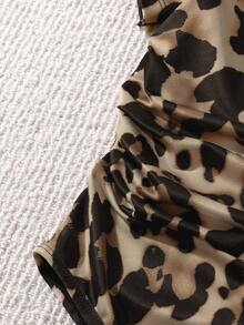 Franclia Plus Size Women's Ruched Waist Asymmetric Shoulder Leopard Print Bodysuit, Animal One-Piece,Beige,Summer,Classy,Night Out Club Parties Gatherings - Multicolor - View 6