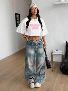 Coolane Summer Outfit For Women Streetwear Going Out Casual Pink Letter Embroidered Round Neck Short Sleeve White Casual T-Shirt,Summer Top - White - View 5