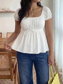 Enliva Áo thun Jacquard tay bồng ngực nhún bèo eo cỡ lớn màu trắng - trắng - Xem 3