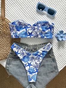 Swim Mod Women's Summer Beach Shell Print Twist Front Bandeau Bikini Set, Random Print - Multicolor - View 2