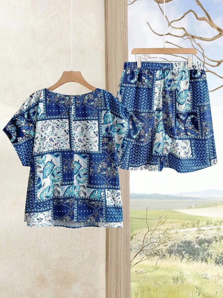2 Pieces Plus Size Women's Vacation Plant Print Short Sleeve Shirt & Shorts Set,Vacation Outfits Woman,Boho For Women Summer Summer Outfit For Women Festival Outfits For Women Beach Outfits For Women Vacation Outfits Women Holiday Outfits  For Women Country Concert Outfit Casual Sets For Women