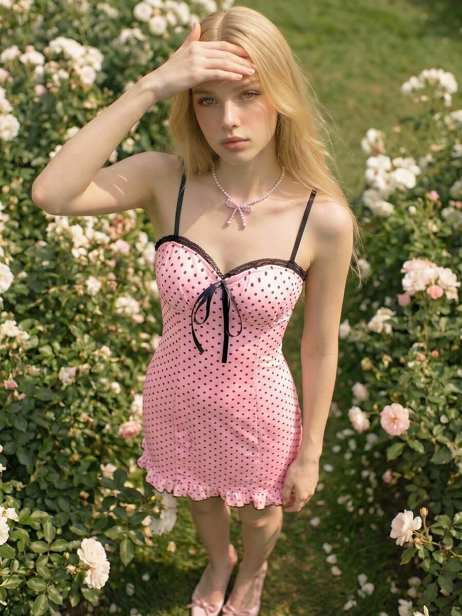 Sweetina Sexy Polka Dot Print Camisole Mini Dress - Baby Pink - View 1