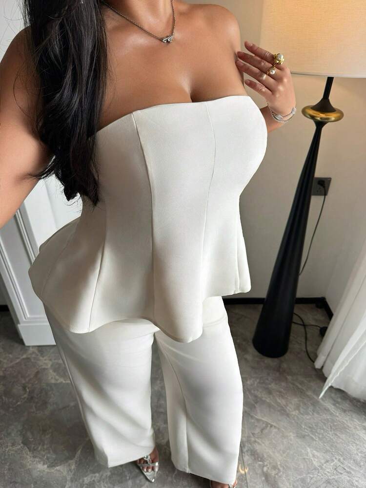 Dazy Plus 2pcs/Set Women Plus Size White Strapless Crop Top And Casual Pants, Suitable For Easter Party, Summer Holiday