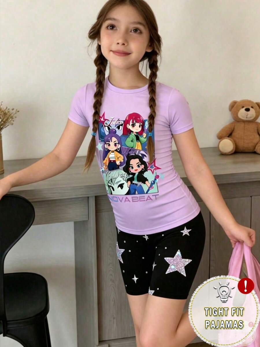 Bộ đồ ngủ ngắn tay và quần đùi in hình hoạt hình cho bé gái, gồm 2 món, ôm sát, cổ tròn, eo chun, thích hợp mặc thường ngày vào mùa hè. - Nhiều màu - Xem 1
